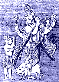 Hindu deity Krishna playing a flute with two of his four hands (13 KB GIF)