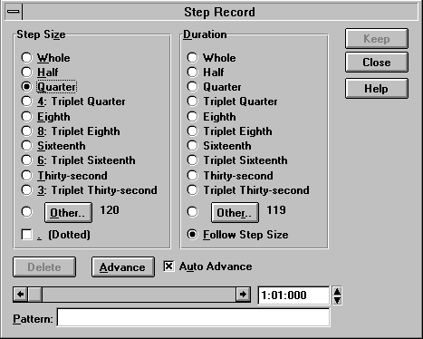 Cakewalk Pro Audio for Windows 95 v. 5.0 step recording dialog box (8.5 KB GIF)