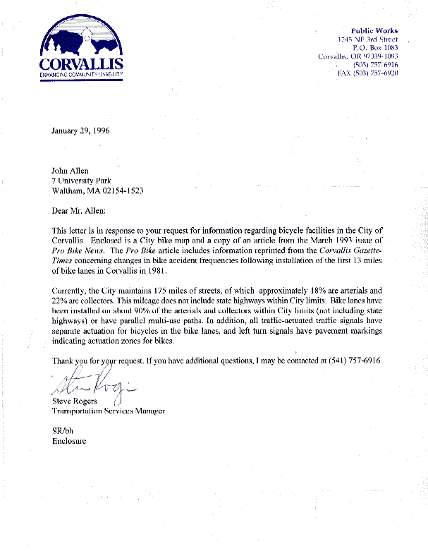 Letter from Steve Rogers of the Corvallis Department of Public Works (19 kB GIF)