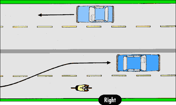 On a multilane road with narrow lanes, ride in the middle of the right lane. (6 kB gif)